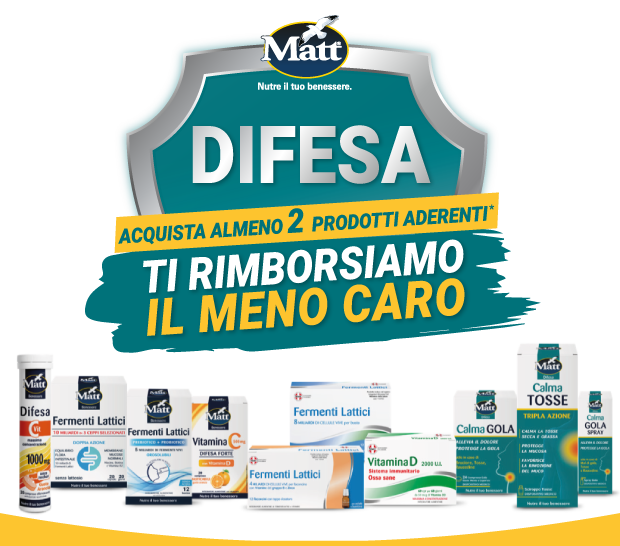 Immagine smartphone: Matt, nutre il tuo benessere, difesa acquista almeno 2 prodotti aderenti*, ti rimborsiamo il meno caro, e groupage di prodotti aderenti all'iniziativa